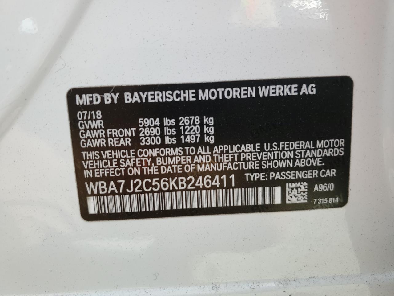 WBA7J2C56KB246411 2019 BMW 740 Xe