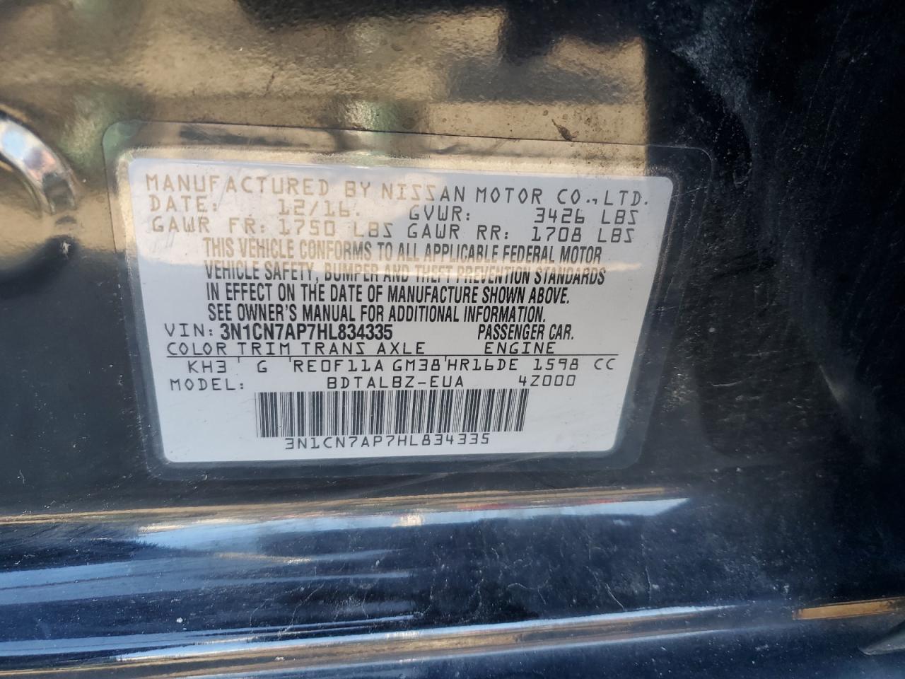 3N1CN7AP7HL834335 2017 Nissan Versa S