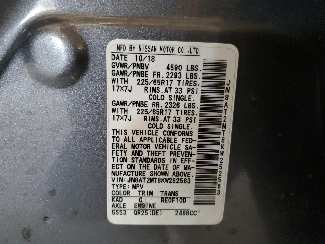 JN8AT2MT8KW252563 NISSAN ROGUE 2019