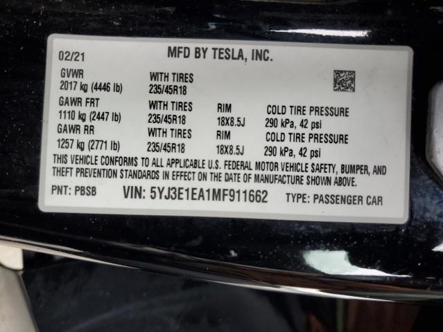 2021 Tesla Model 3 VIN: 5YJ3E1EA1MF911662 Lot: 59234934