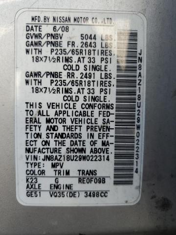 2009 Nissan Murano S VIN: JN8AZ18U29W022314 Lot: 56392524