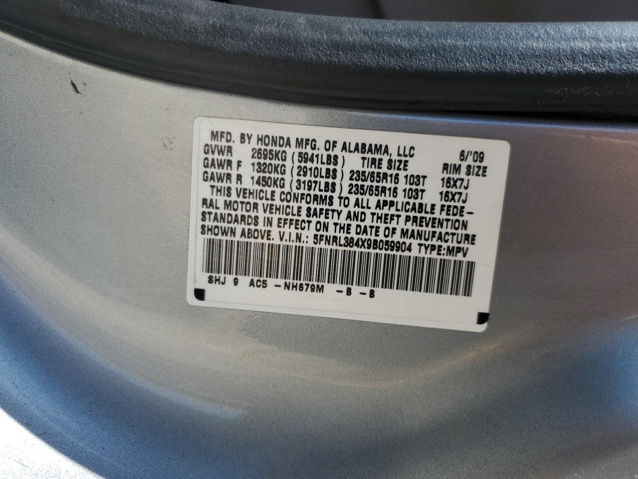 5FNRL384X9B059904 2009 Honda Odyssey Ex