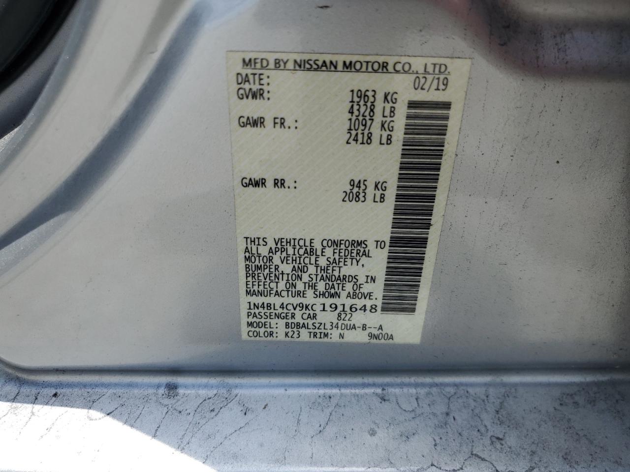 1N4BL4CV9KC191648 NISSAN ALTIMA 2019