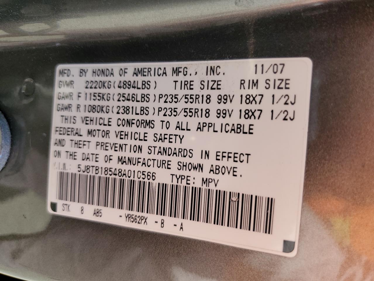 5J8TB18548A010566 2008 Acura Rdx Technology