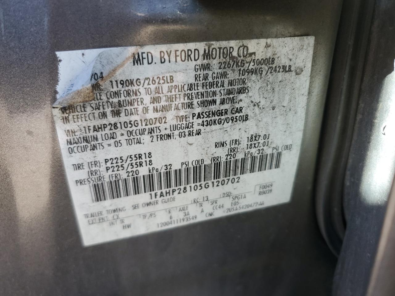 1FAHP28105G120702 2005 Ford Five Hundred Limited