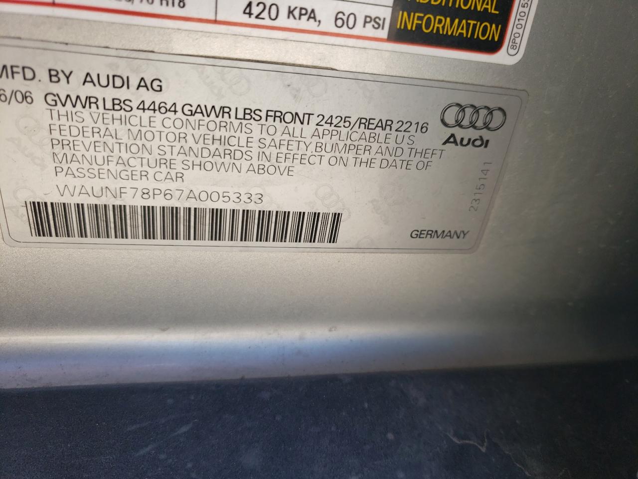 WAUNF78P67A005333 2007 Audi A3 2.0 Premium