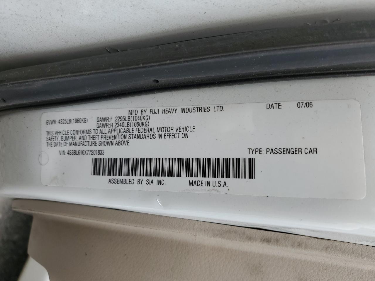 4S3BL616X77201833 2007 Subaru Legacy 2.5I
