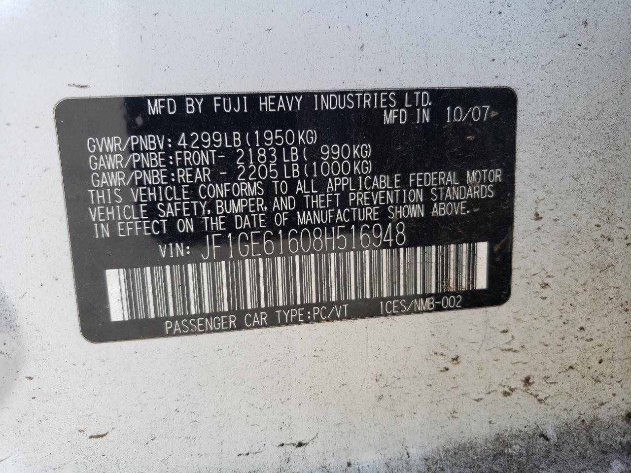 JF1GE61608H516948 2008 Subaru Impreza 2.5I