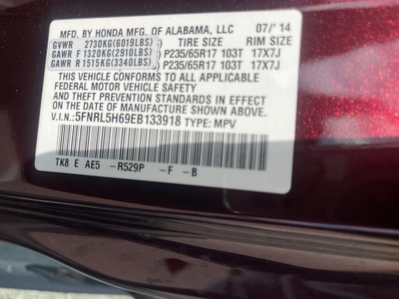 2014 Honda Odyssey Exl vin: 5FNRL5H69EB133918