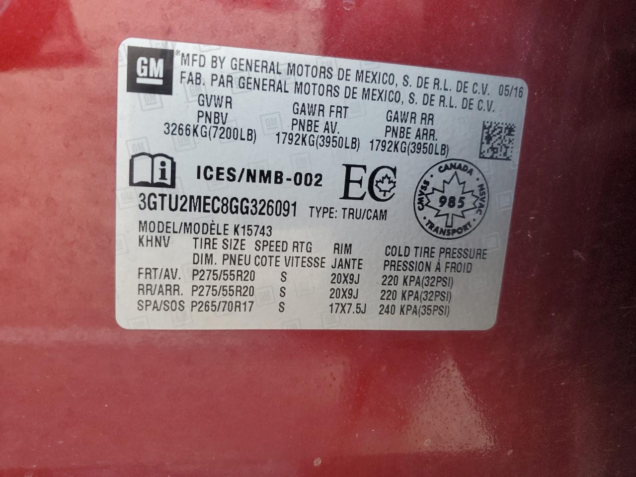 3GTU2MEC8GG326091 2016 GMC Sierra K1500 Sle