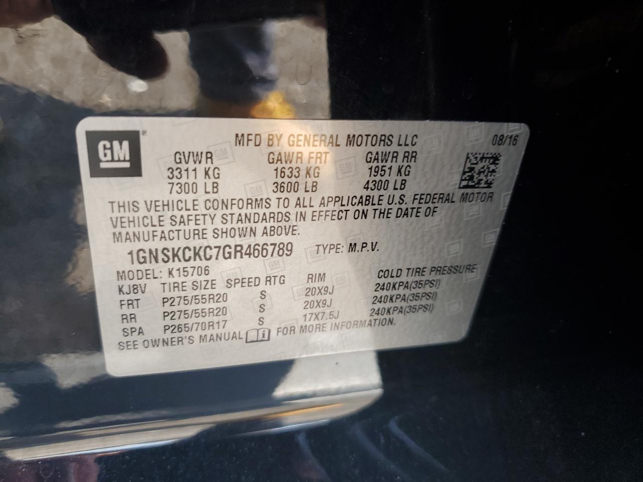 1GNSKCKC7GR466789 2016 Chevrolet Tahoe K1500 Ltz