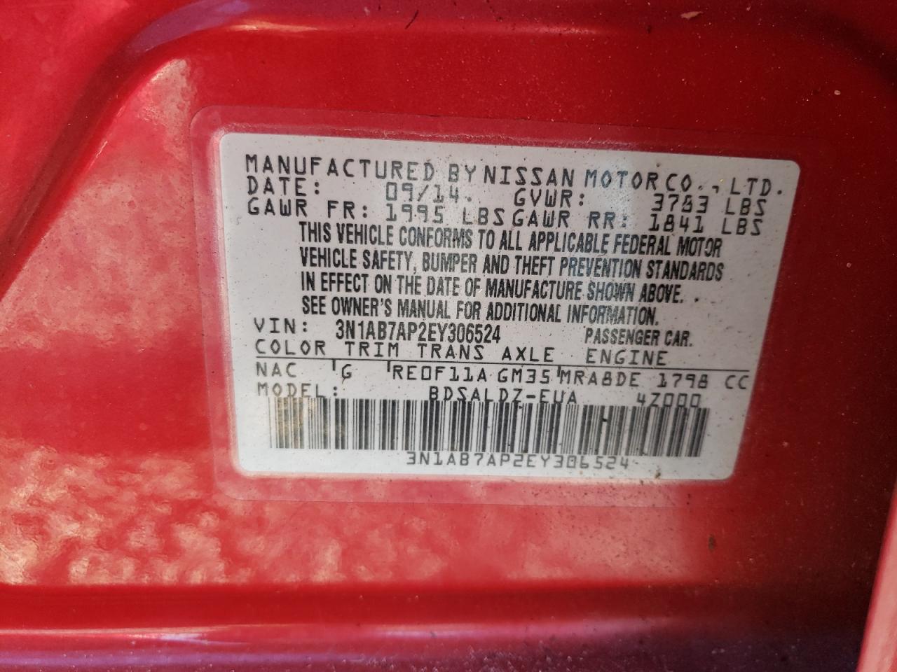 3N1AB7AP2EY306524 2014 Nissan Sentra S