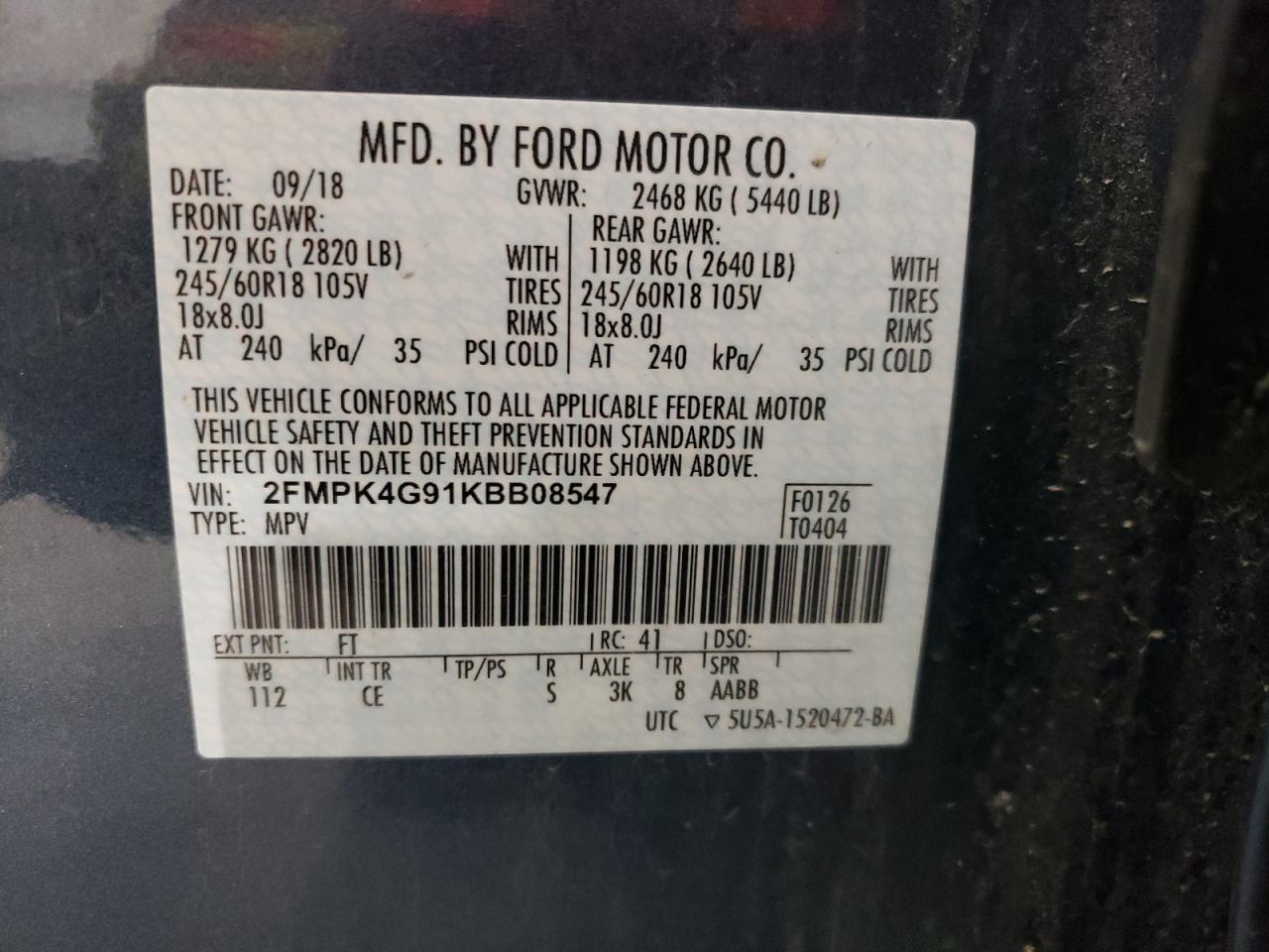 2FMPK4G91KBB08547 2019 Ford Edge Se