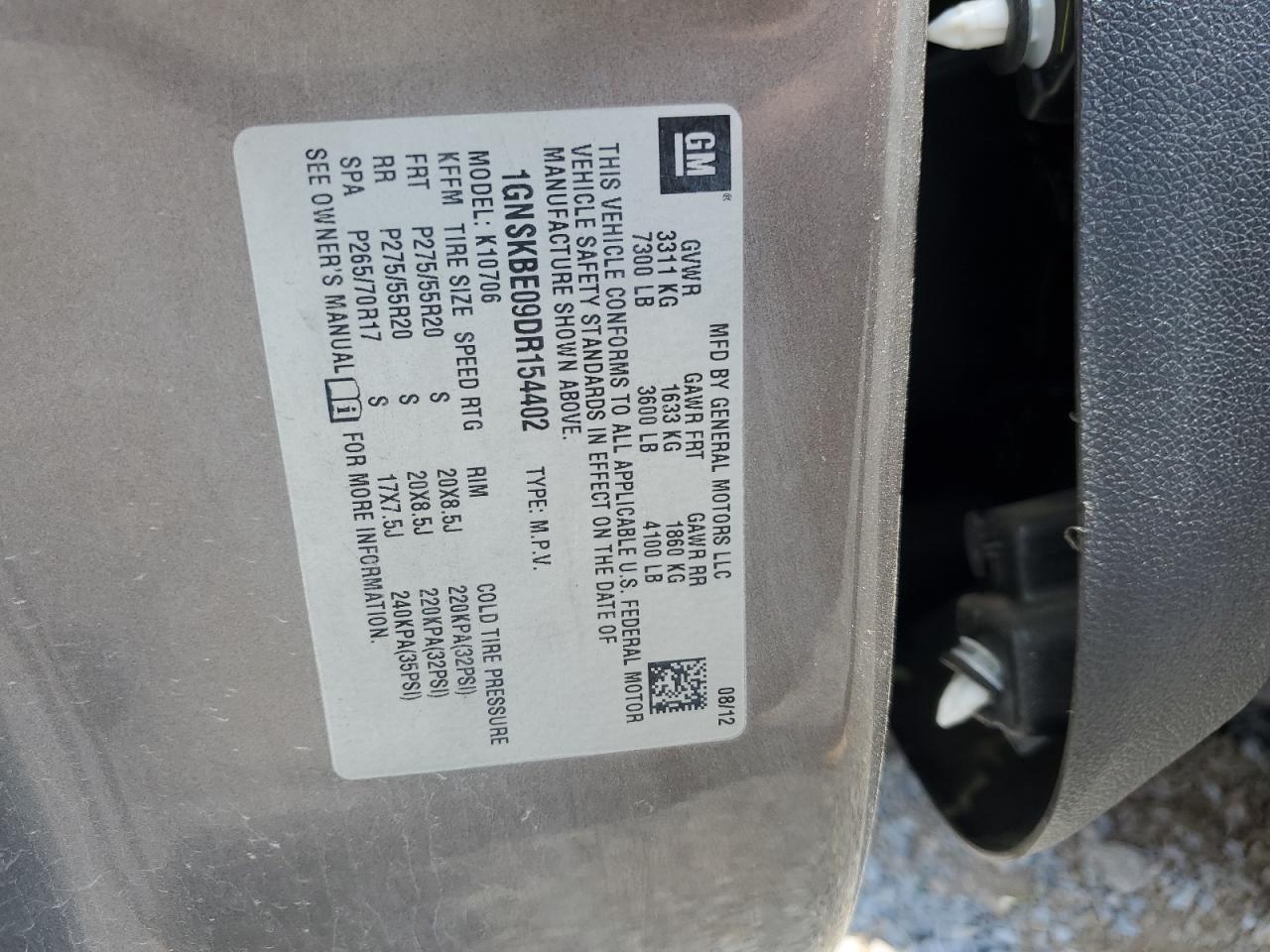 1GNSKBE09DR154402 2013 Chevrolet Tahoe K1500 Lt