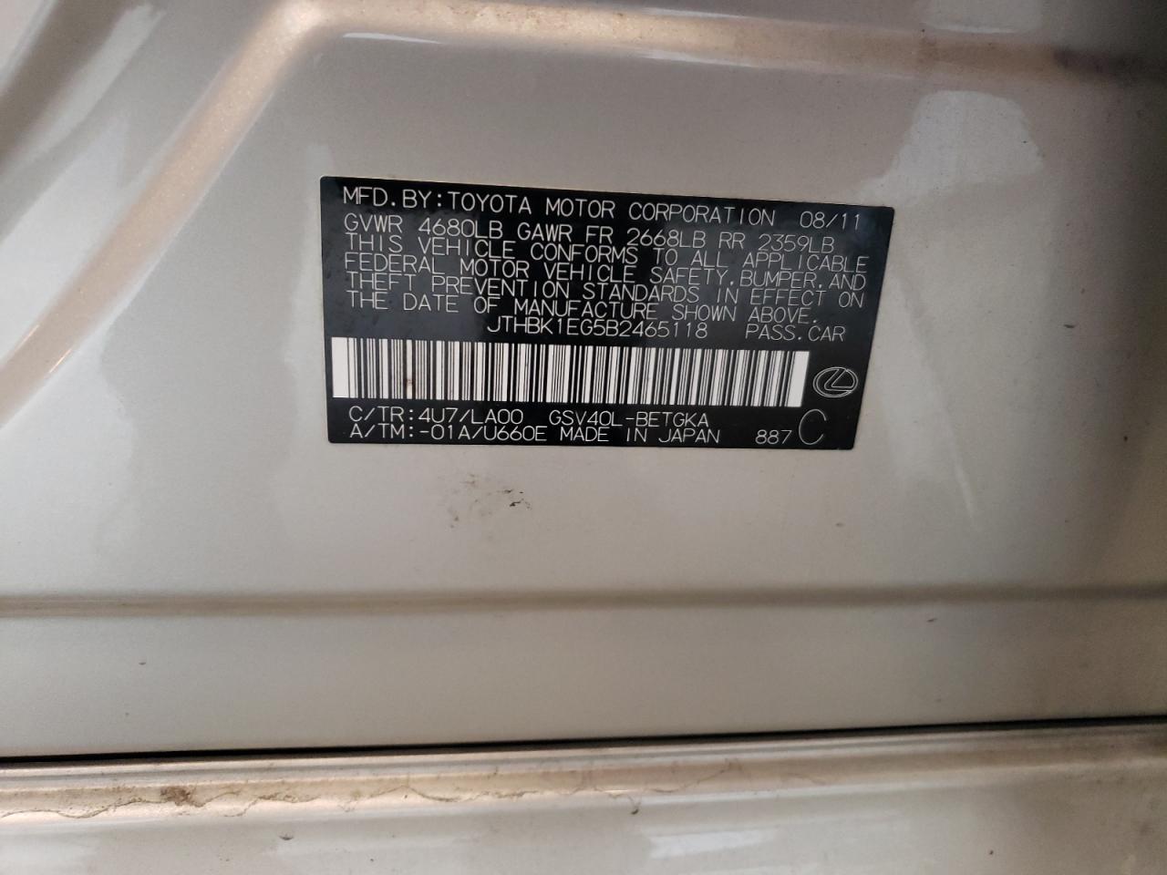 JTHBK1EG5B2465118 2011 Lexus Es 350