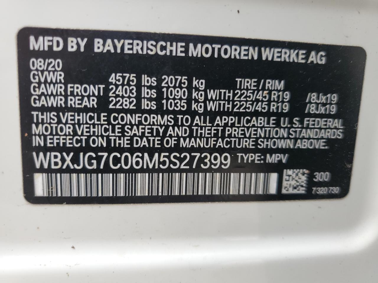 WBXJG7C06M5S27399 2021 BMW X1 Sdrive28I