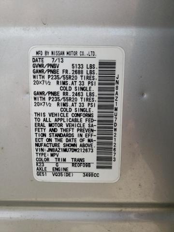 2013 Nissan Murano S VIN: JN8AZ1MU7DW212673 Lot: 60170124