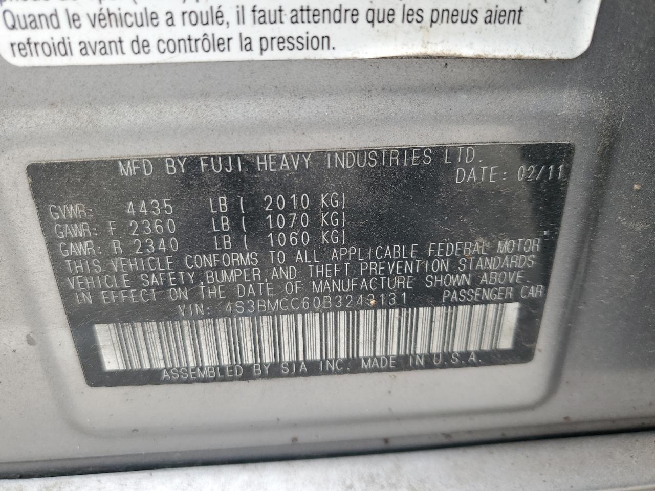 4S3BMCC60B3243131 2011 Subaru Legacy 2.5I Premium