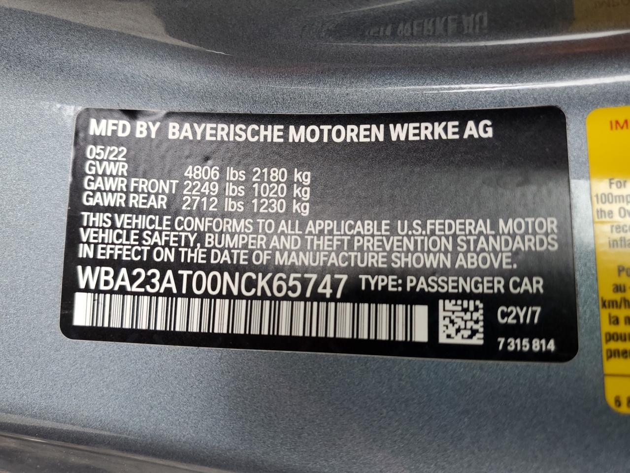 WBA23AT00NCK65747 2022 BMW 430I