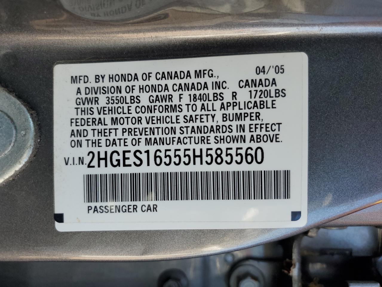 2HGES16555H585560 2005 Honda Civic Lx