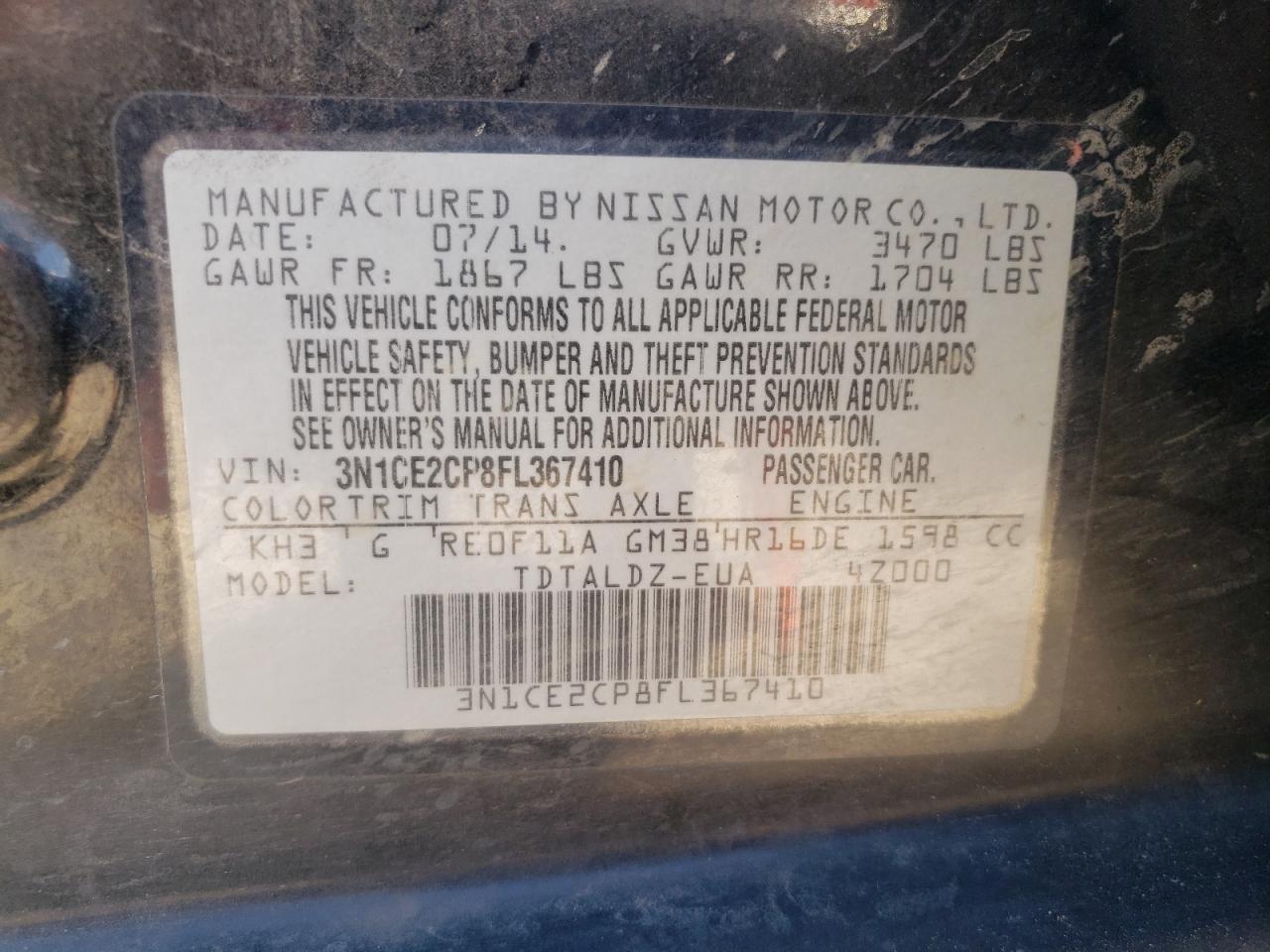 3N1CE2CP8FL367410 2015 Nissan Versa Note S