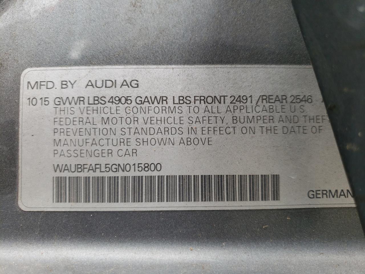 WAUBFAFL5GN015800 2016 Audi A4 Premium S-Line