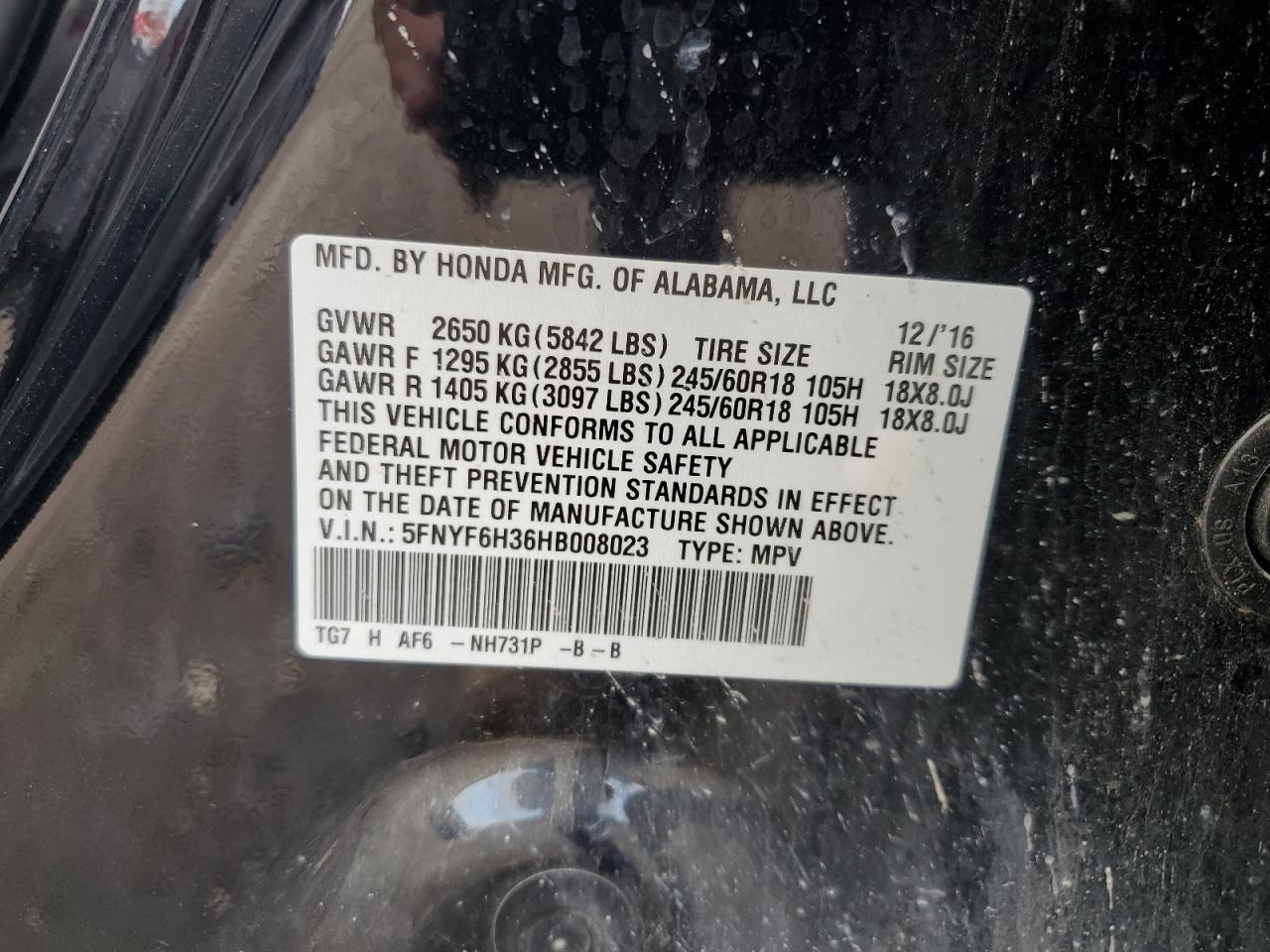 5FNYF6H36HB008023 2017 Honda Pilot Ex