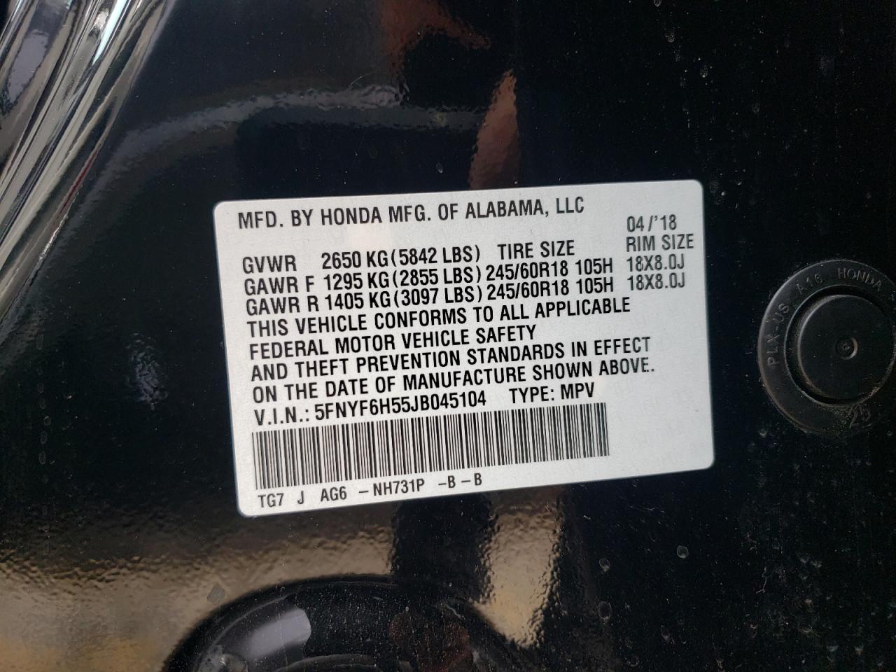 5FNYF6H55JB045104 2018 Honda Pilot Exl