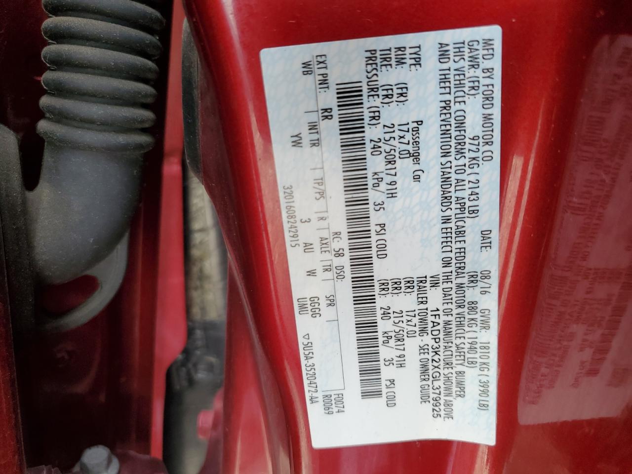 1FADP3K2XGL379925 FORD FOCUS 2016