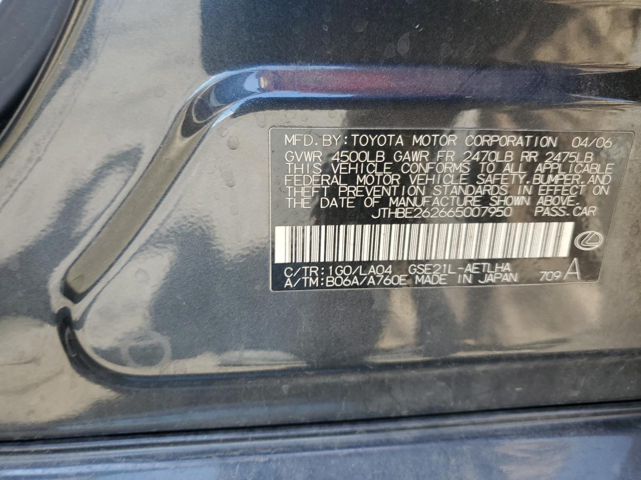 JTHBE262665007950 2006 Lexus Is 350