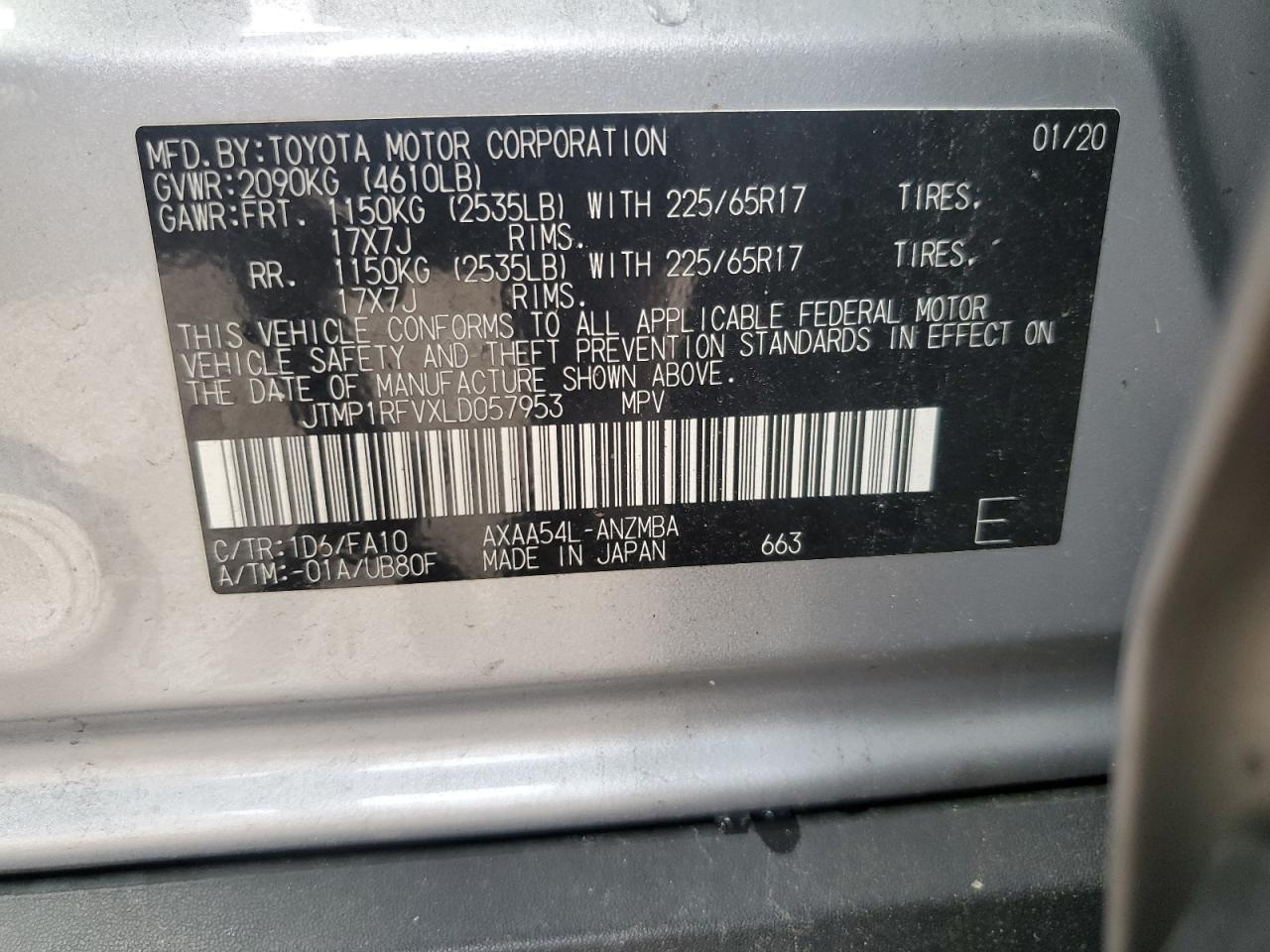 JTMP1RFVXLD057953 2020 Toyota Rav4 Xle