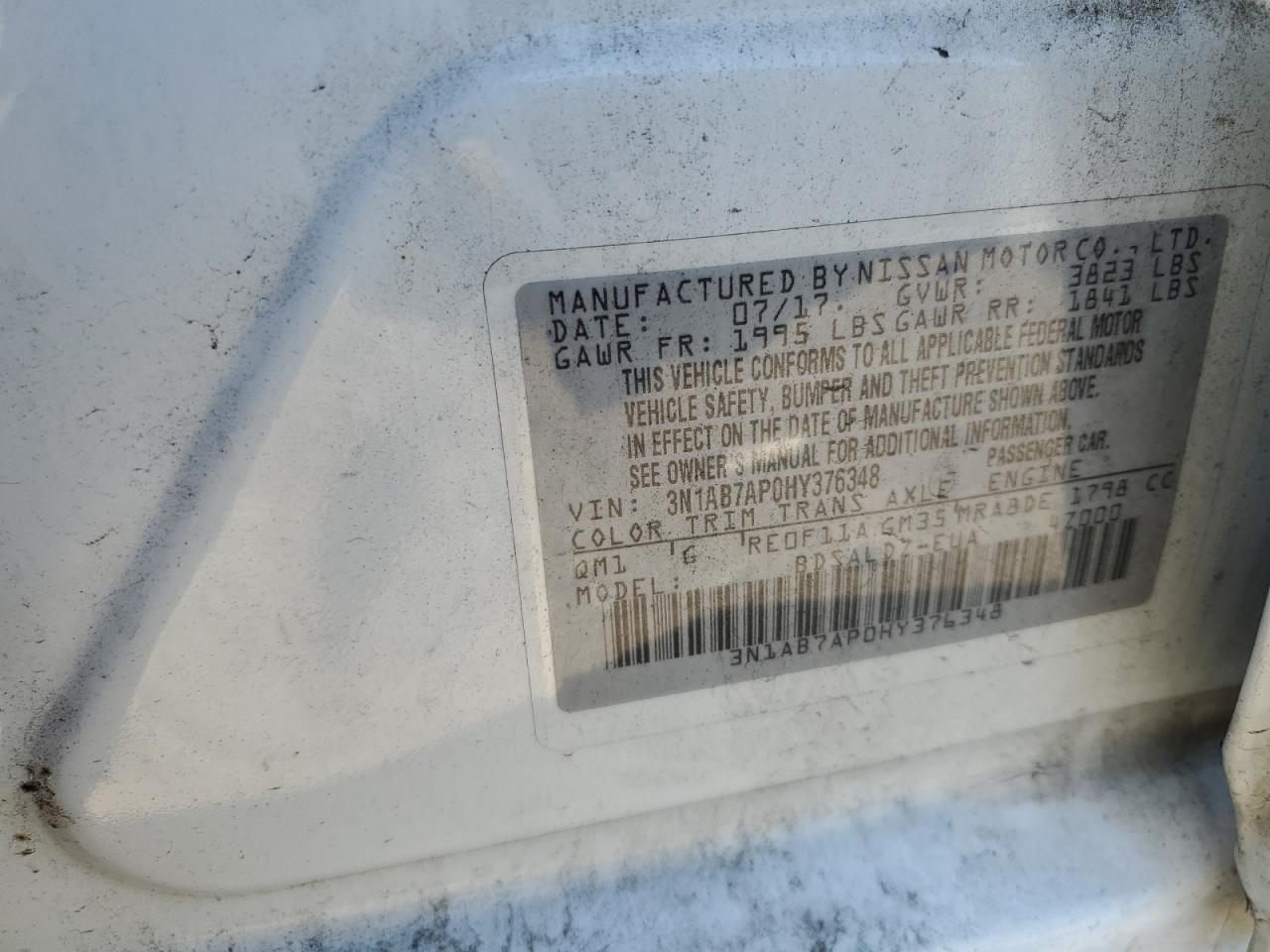 3N1AB7AP0HY376348 2017 Nissan Sentra S