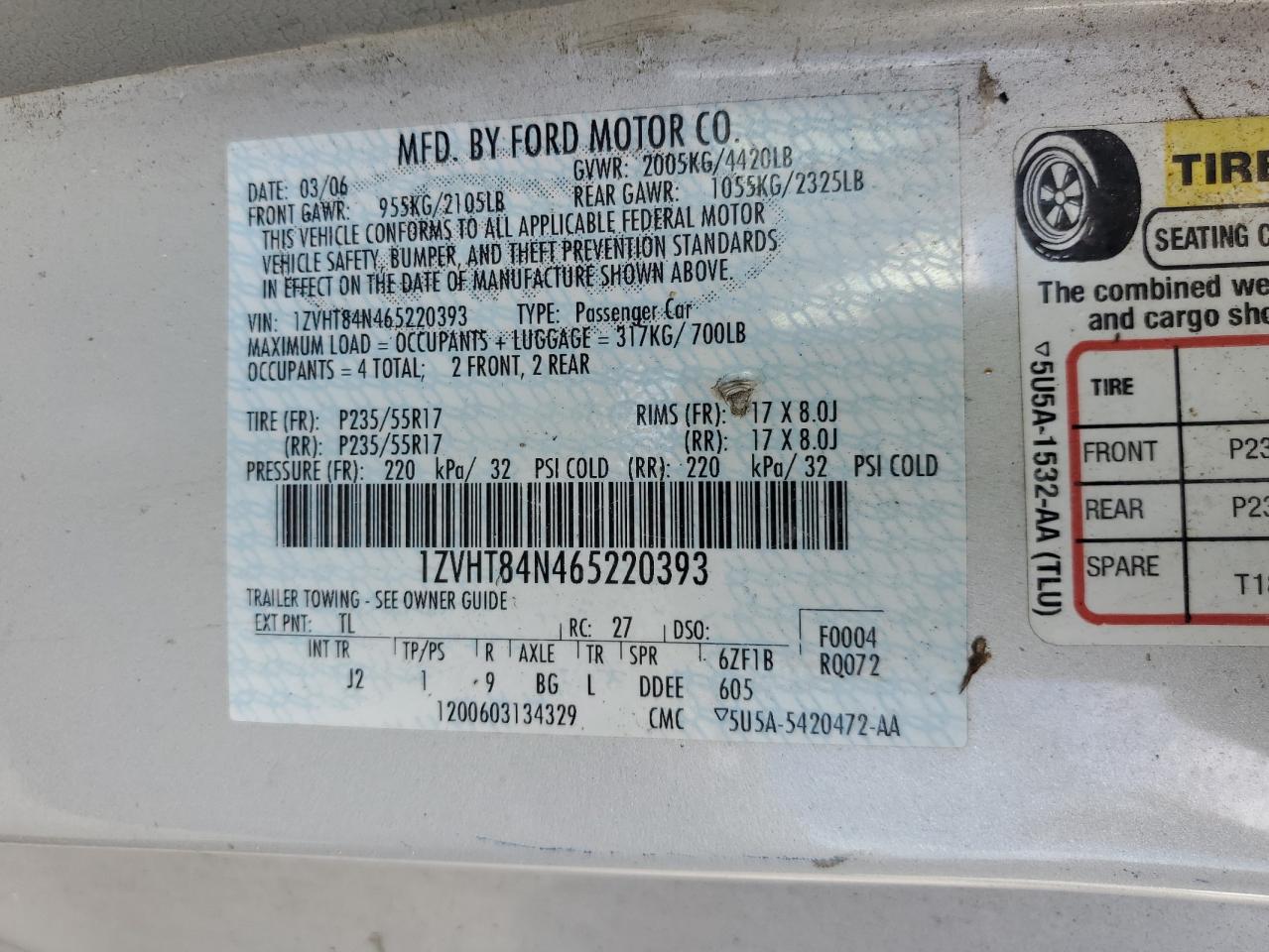 1ZVHT84N465220393 2006 Ford Mustang