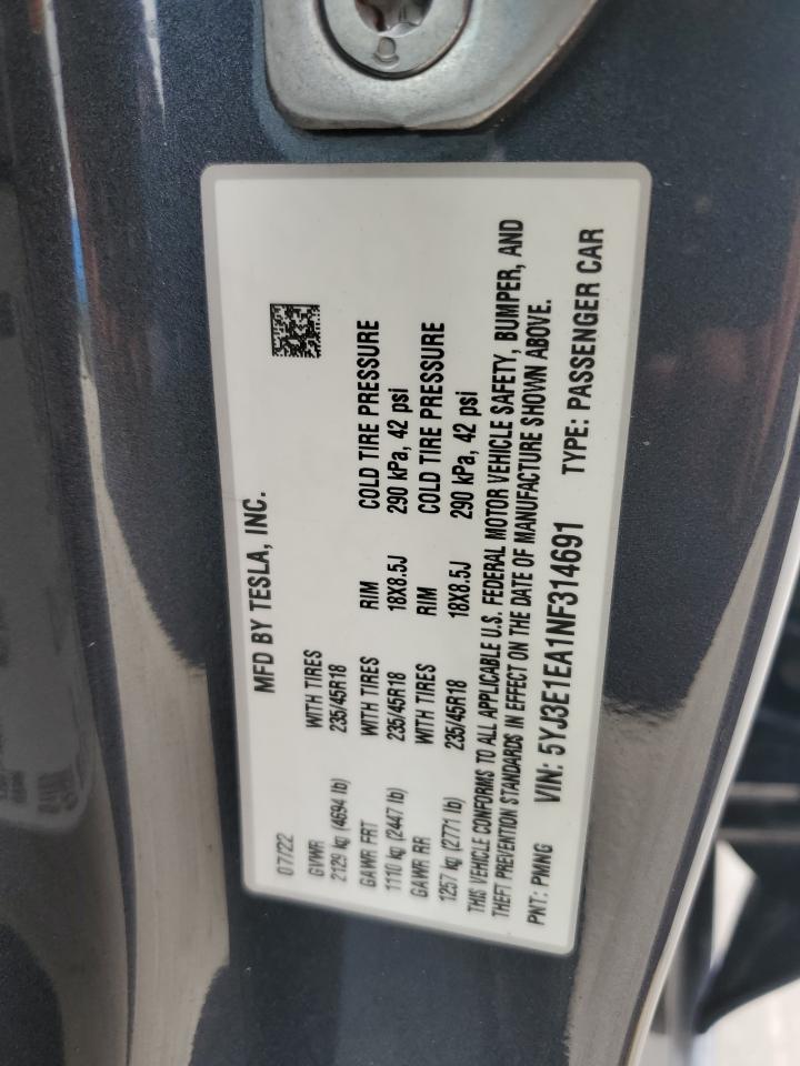 5YJ3E1EA1NF314691 2022 Tesla Model 3