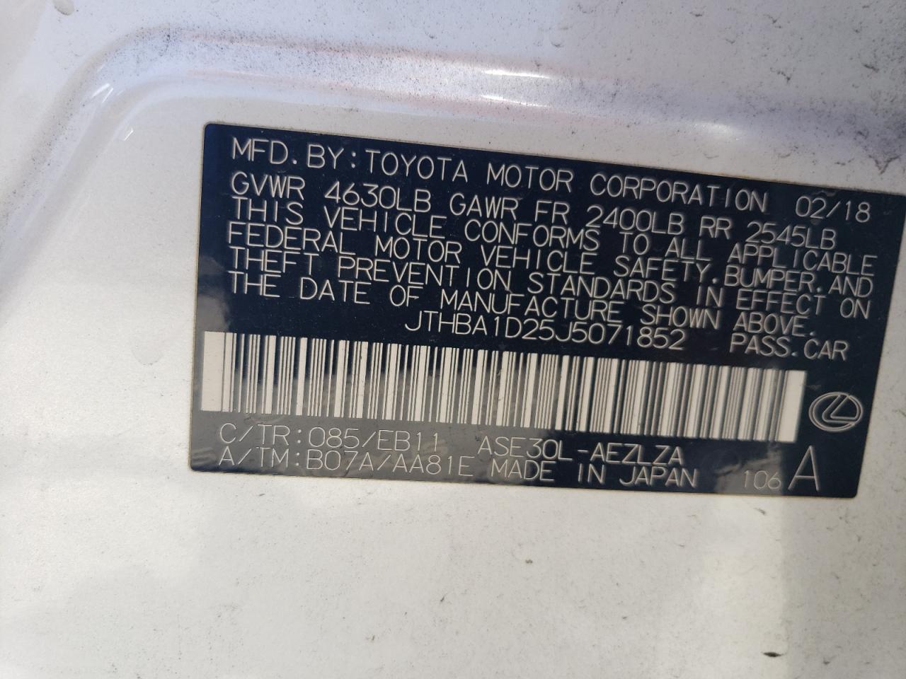 JTHBA1D25J5071852 2018 Lexus Is 300