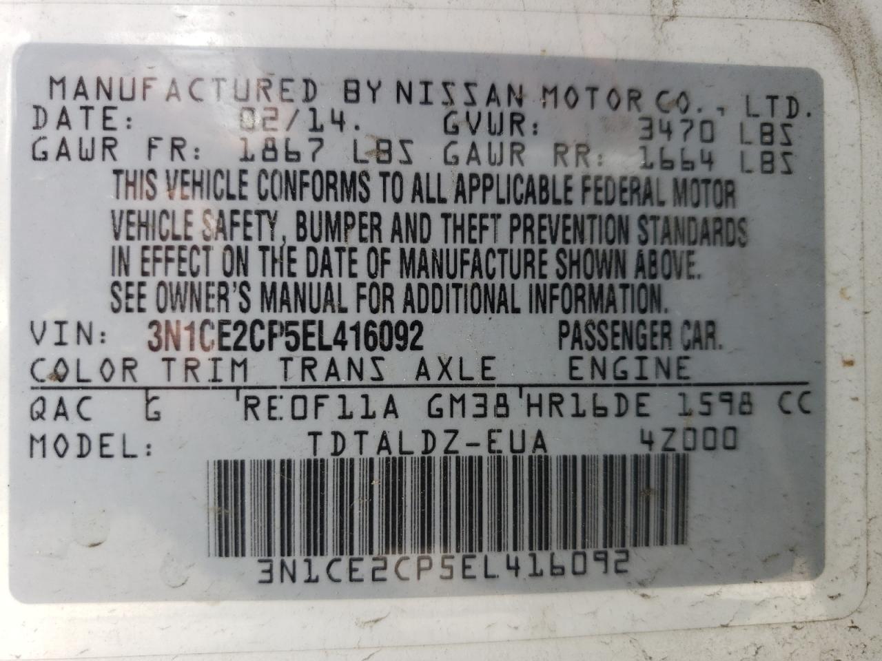 3N1CE2CP5EL416092 2014 Nissan Versa Note S