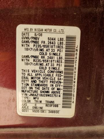 2009 Nissan Murano S VIN: JN8AZ18U29W027514 Lot: 59613924