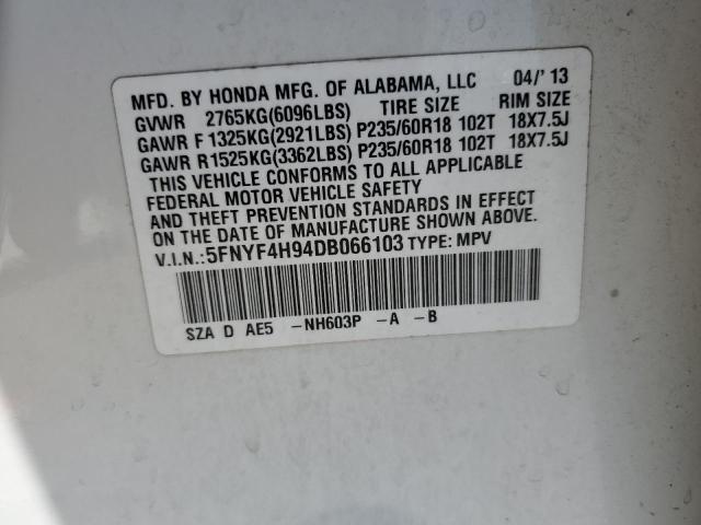 2013 Honda Pilot Touring VIN: 5FNYF4H94DB066103 Lot: 57649434