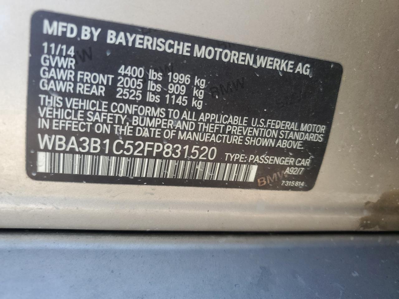 WBA3B1C52FP831520 2015 BMW 320 I