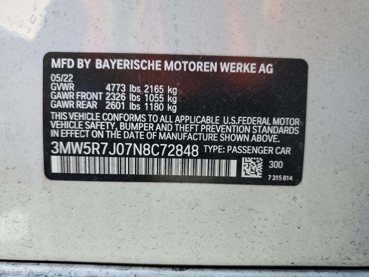 3MW5R7J07N8C72848 2022 BMW 330Xi