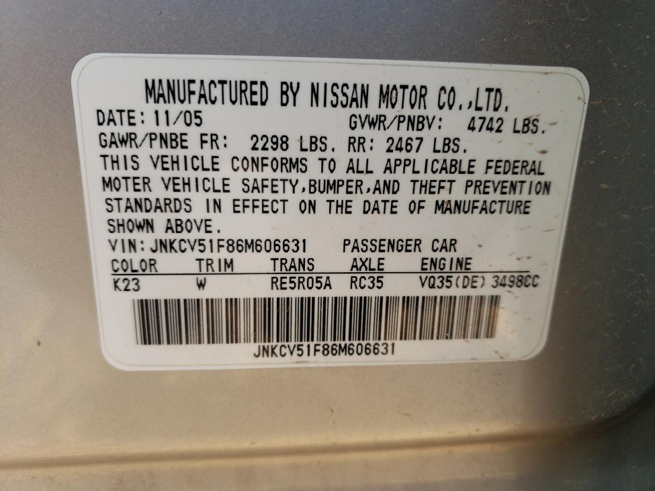 JNKCV51F86M606631 2006 Infiniti G35