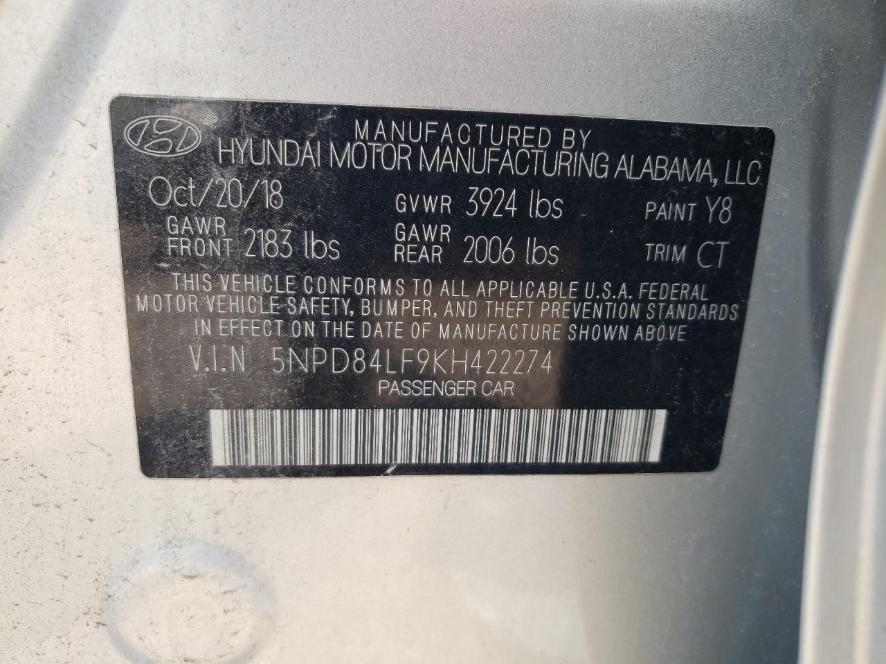 5NPD84LF9KH422274 2019 Hyundai Elantra Sel