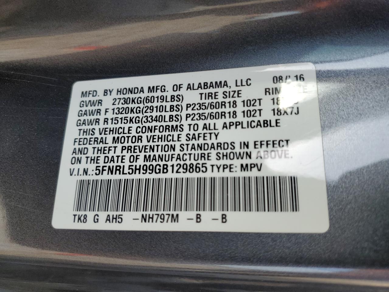 5FNRL5H99GB129865 2016 Honda Odyssey Touring