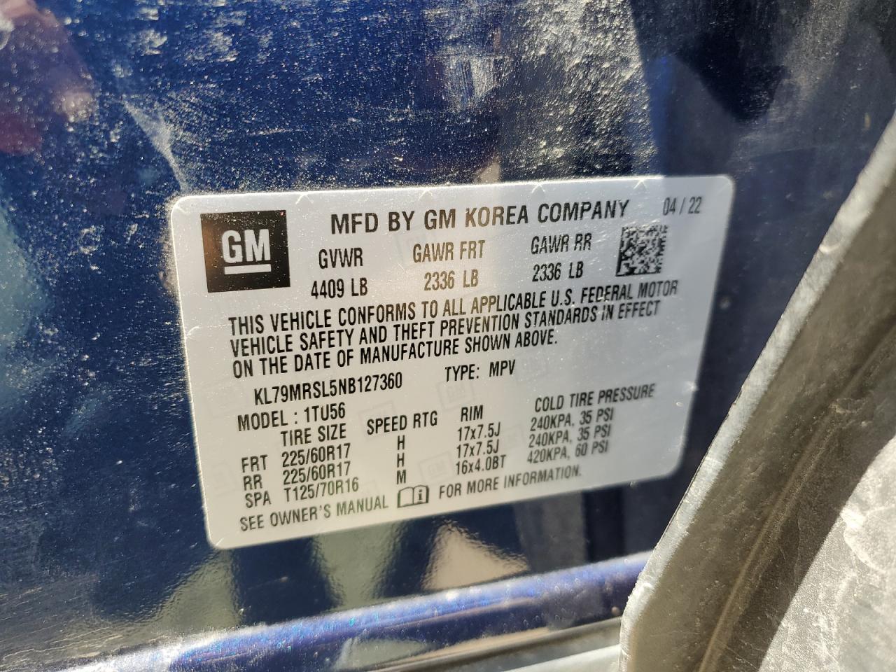 KL79MRSL5NB127360 2022 Chevrolet Trailblazer Lt