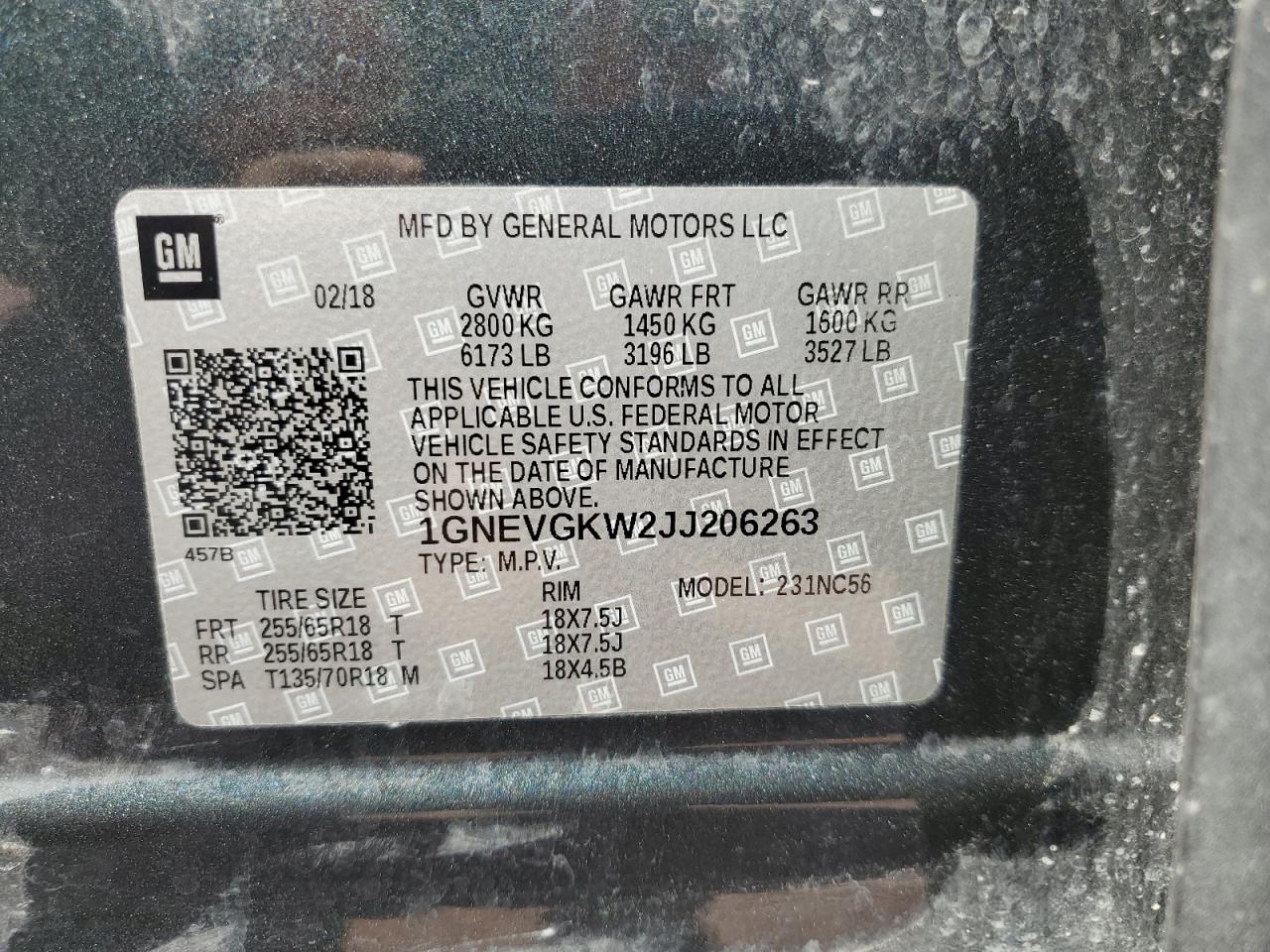 1GNEVGKW2JJ206263 2018 Chevrolet Traverse Lt