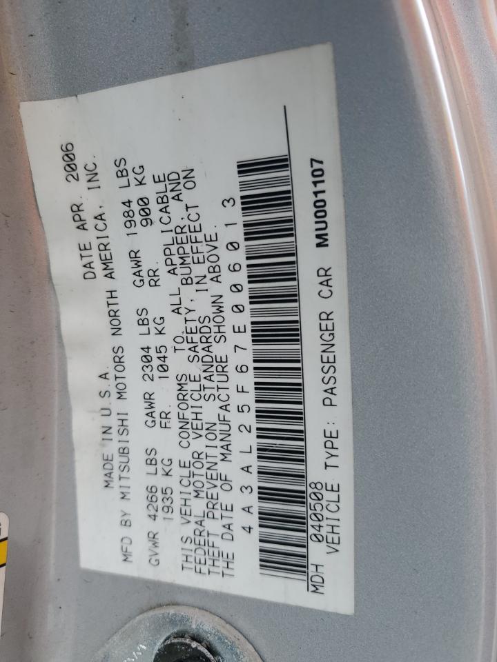 4A3AL25F67E006013 2007 Mitsubishi Eclipse Spyder Gs