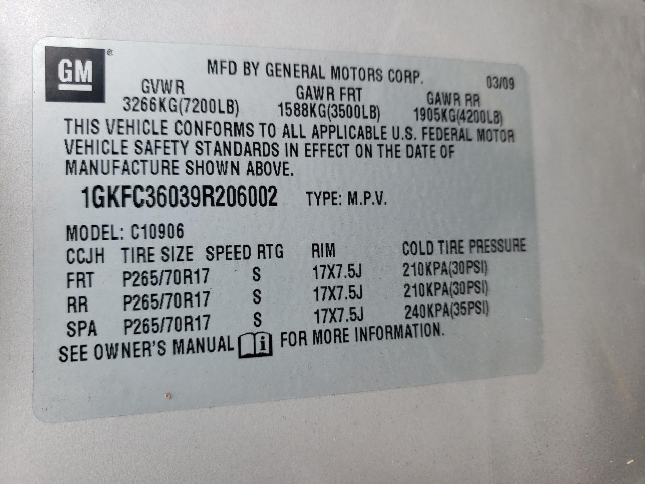 1GKFC36039R206002 2009 GMC Yukon Xl C1500 Slt