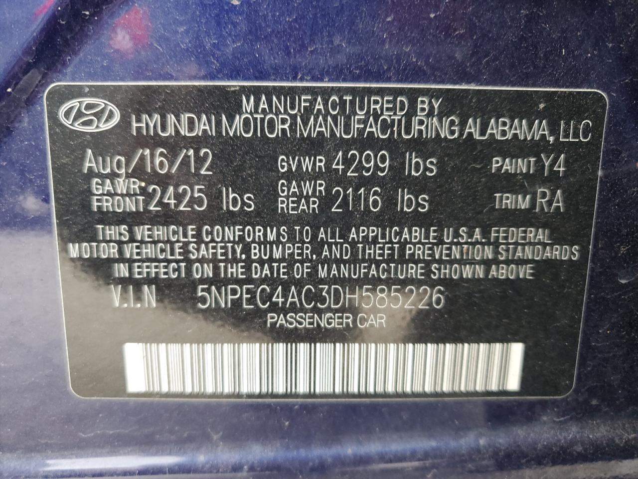5NPEC4AC3DH585226 2013 Hyundai Sonata Se