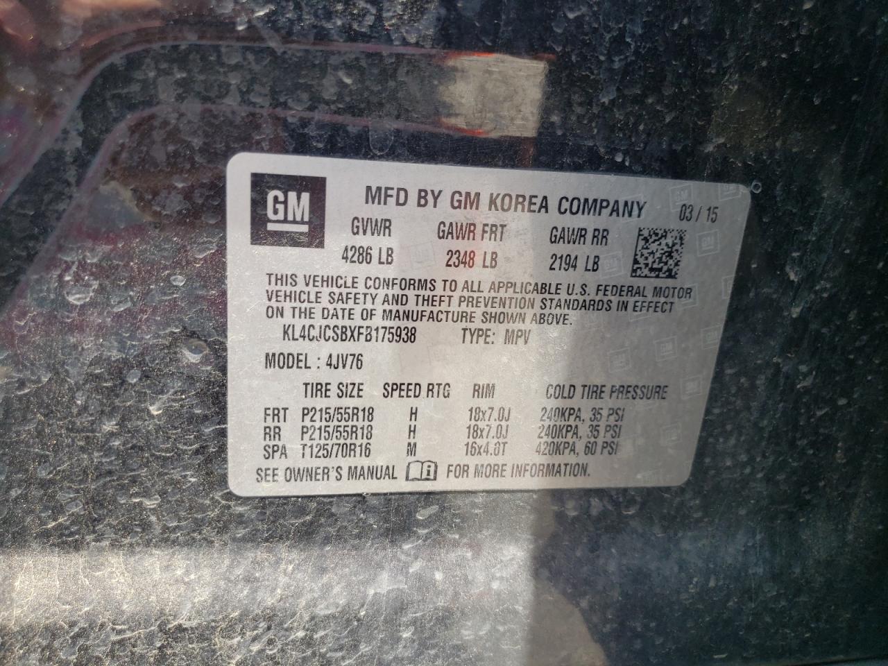 KL4CJCSBXFB175938 2015 Buick Encore