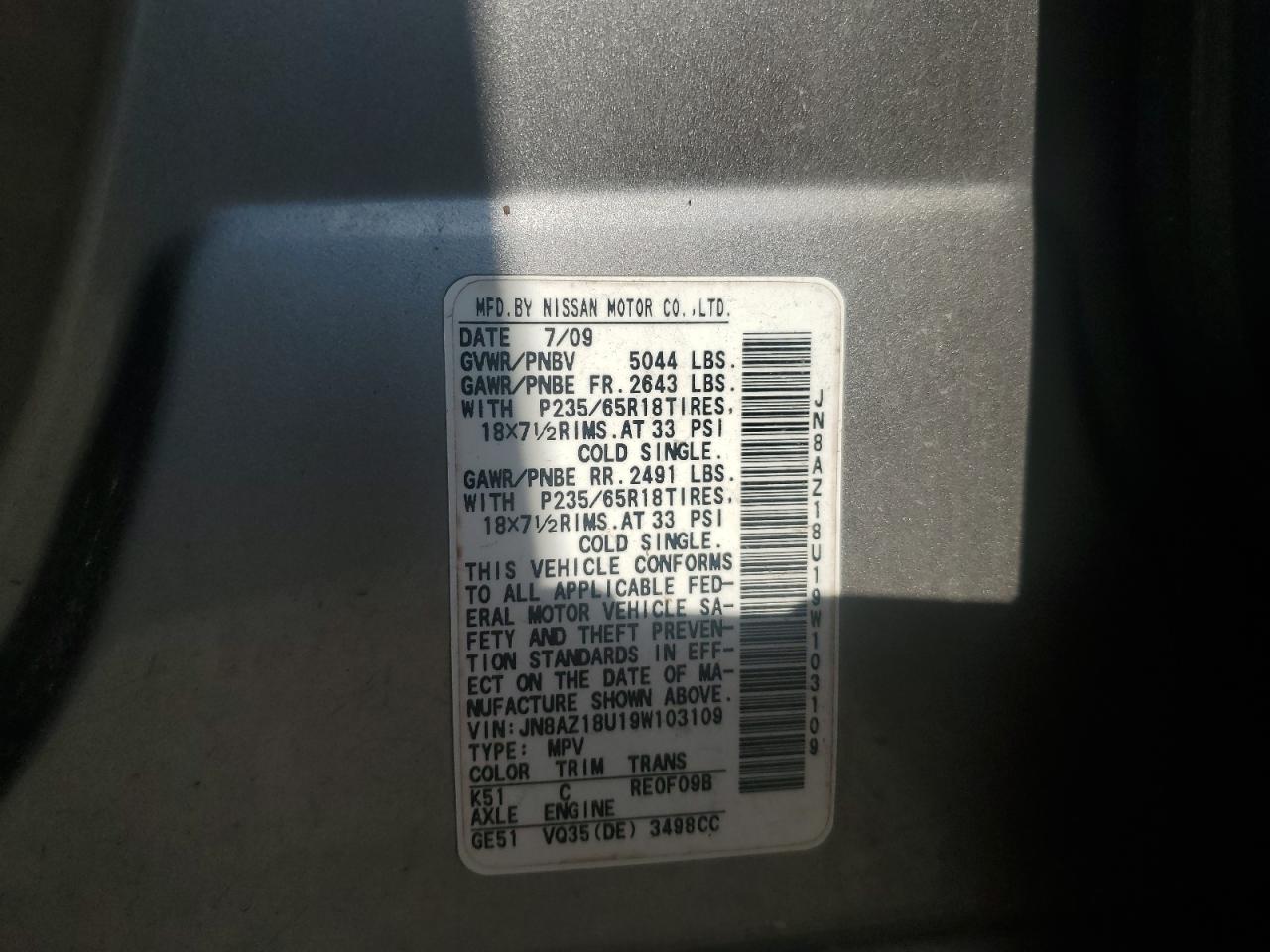 JN8AZ18U19W103109 2009 Nissan Murano S